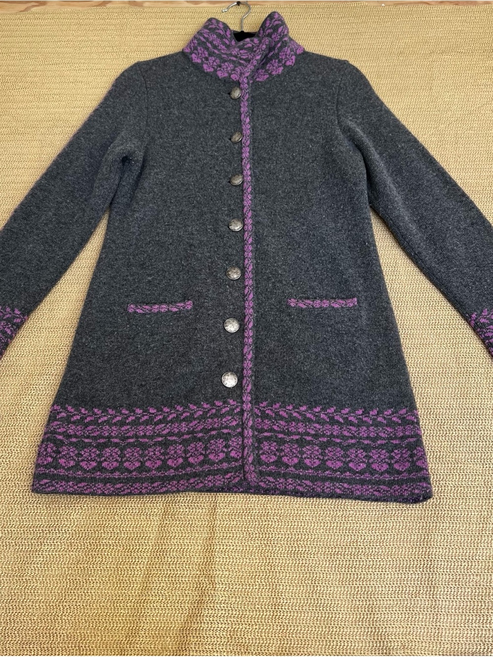 Women's Dark Gray 100% Lambwool Blend Cardigan with Purple Trim